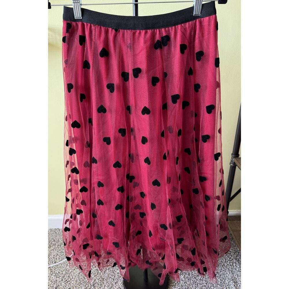 Wish Red Tulle Midi Skirt with Black Velvet Hearts Women’s S/M Y2K Romantic Goth